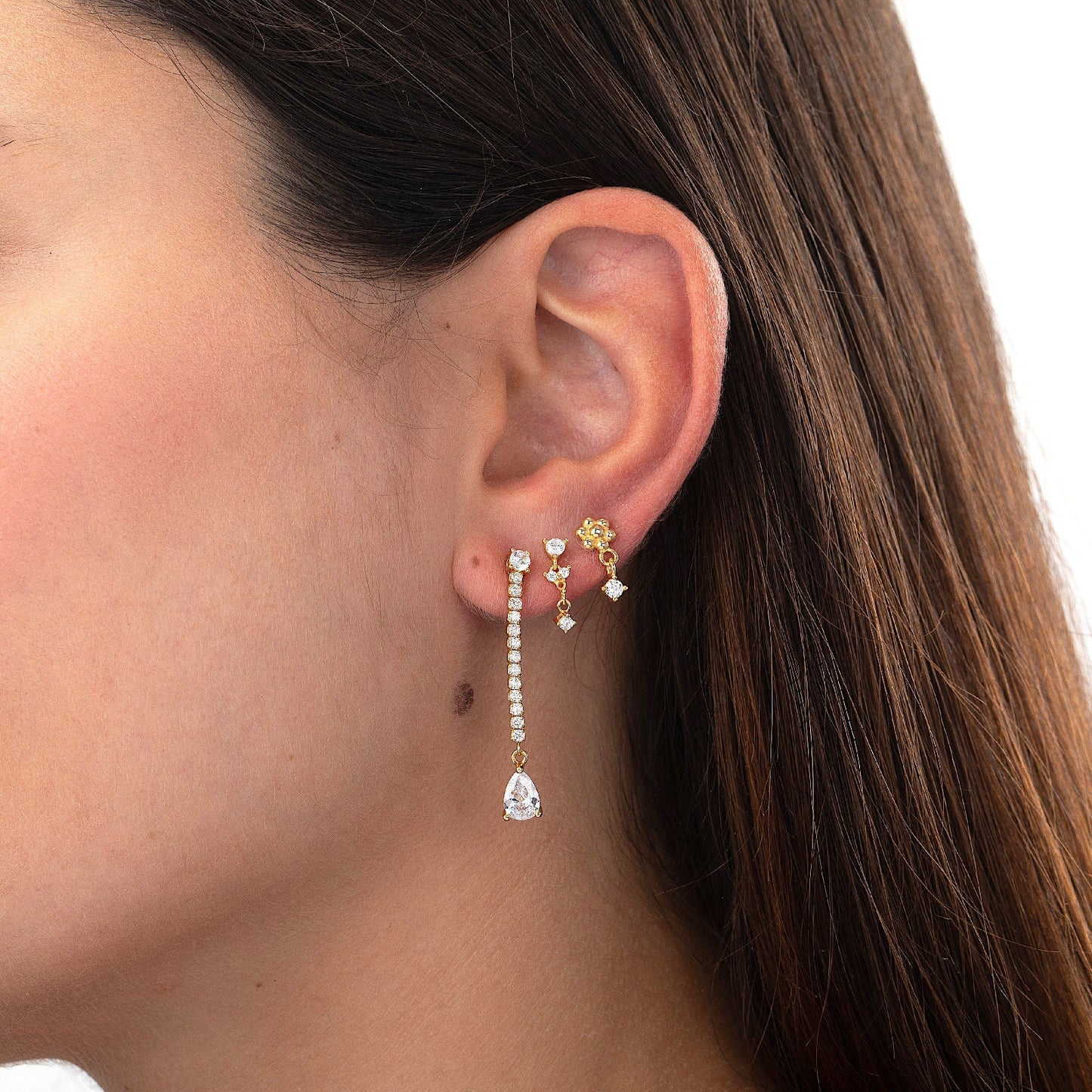 Puces d'oreilles femme fleur et pendentif zircon doré ou argent