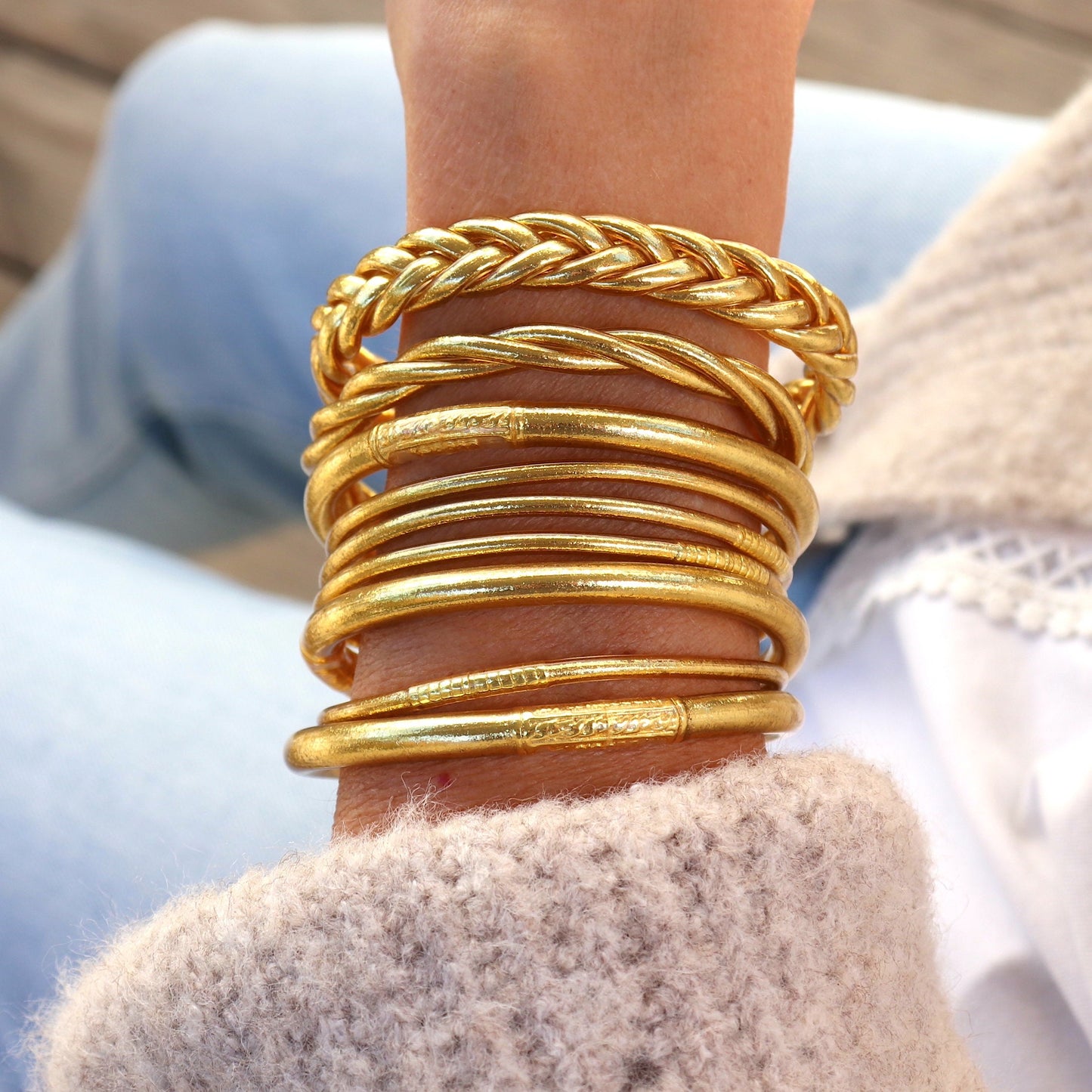 Bracelet jonc bouddhiste doré torsadé, jonc femme vendu à l'unité