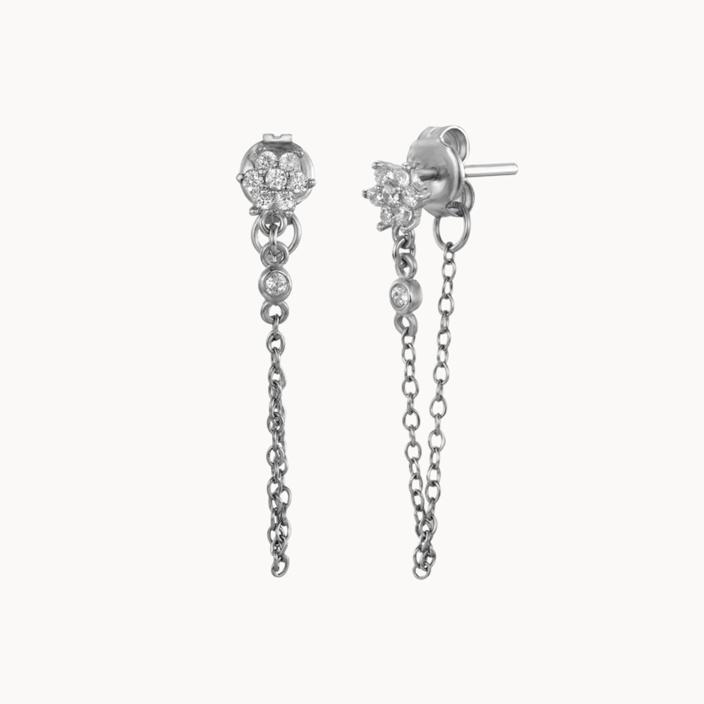 Boucles d'oreilles pendantes fleur zircons et chaine pour femme