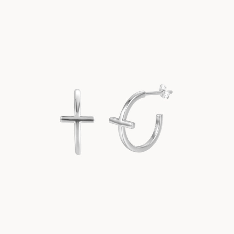 Créoles ouvertes motif croix pour femme doré ou argent