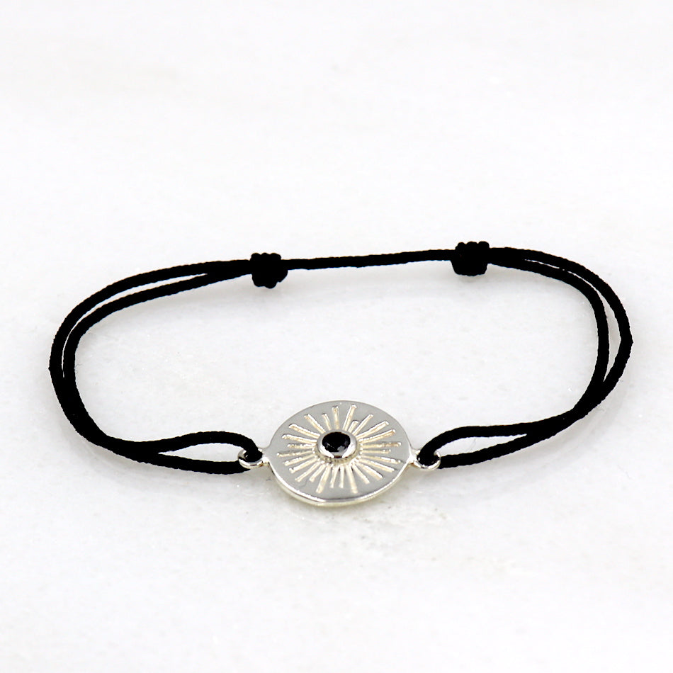 bracelet cordon femme médaille soleil argent 925 et zircon noir