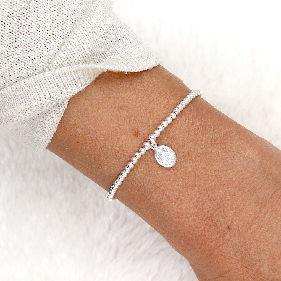 bracelet femme perles rondes et médaille vierge en argent 925
