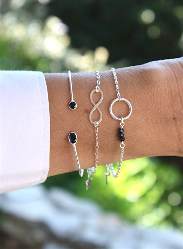 Bracelet anneau argent 925 et pierres de gemmes spinelle noire - unbijouforyou