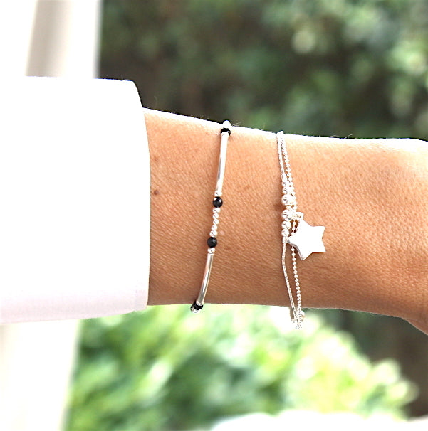 bracelet joncs argent 925 et agates noires facettées pour femme