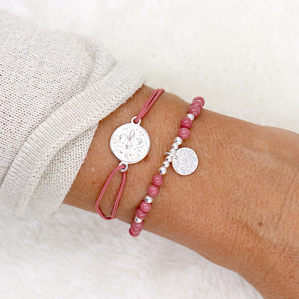 Bracelet cordon femme médaille fleur de lys en argent 925