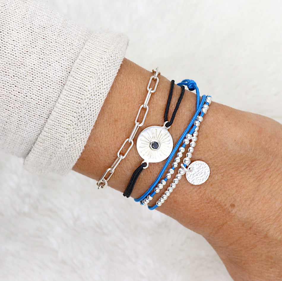 bracelet cordon femme médaille soleil argent 925 et zircon noir