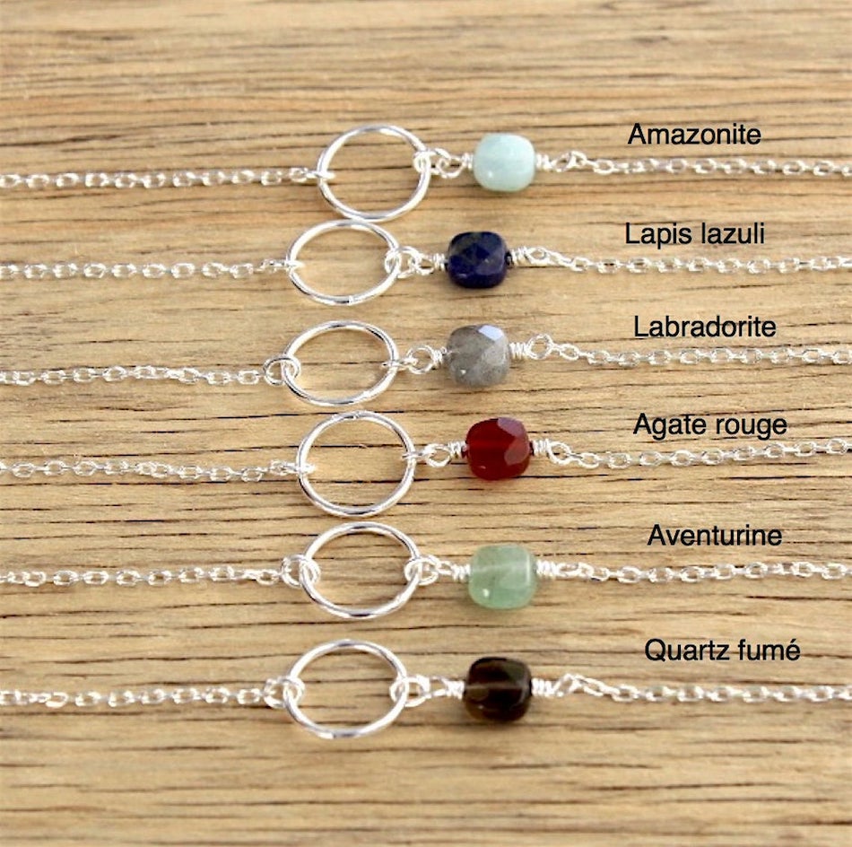 collier femme anneau et carré pierre de gemmes amazonite lapis lazuli labradorite agate rouge aventurine quartz fume