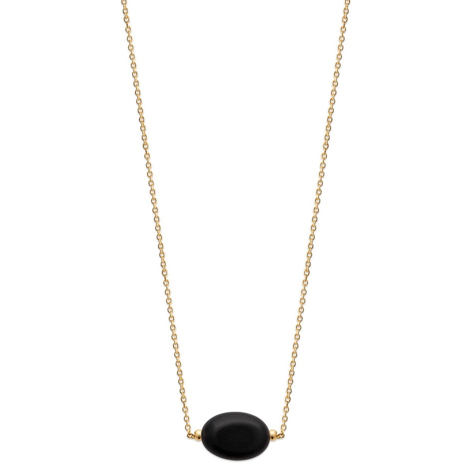 collier femme plaqué or et pierre agate noire ovale