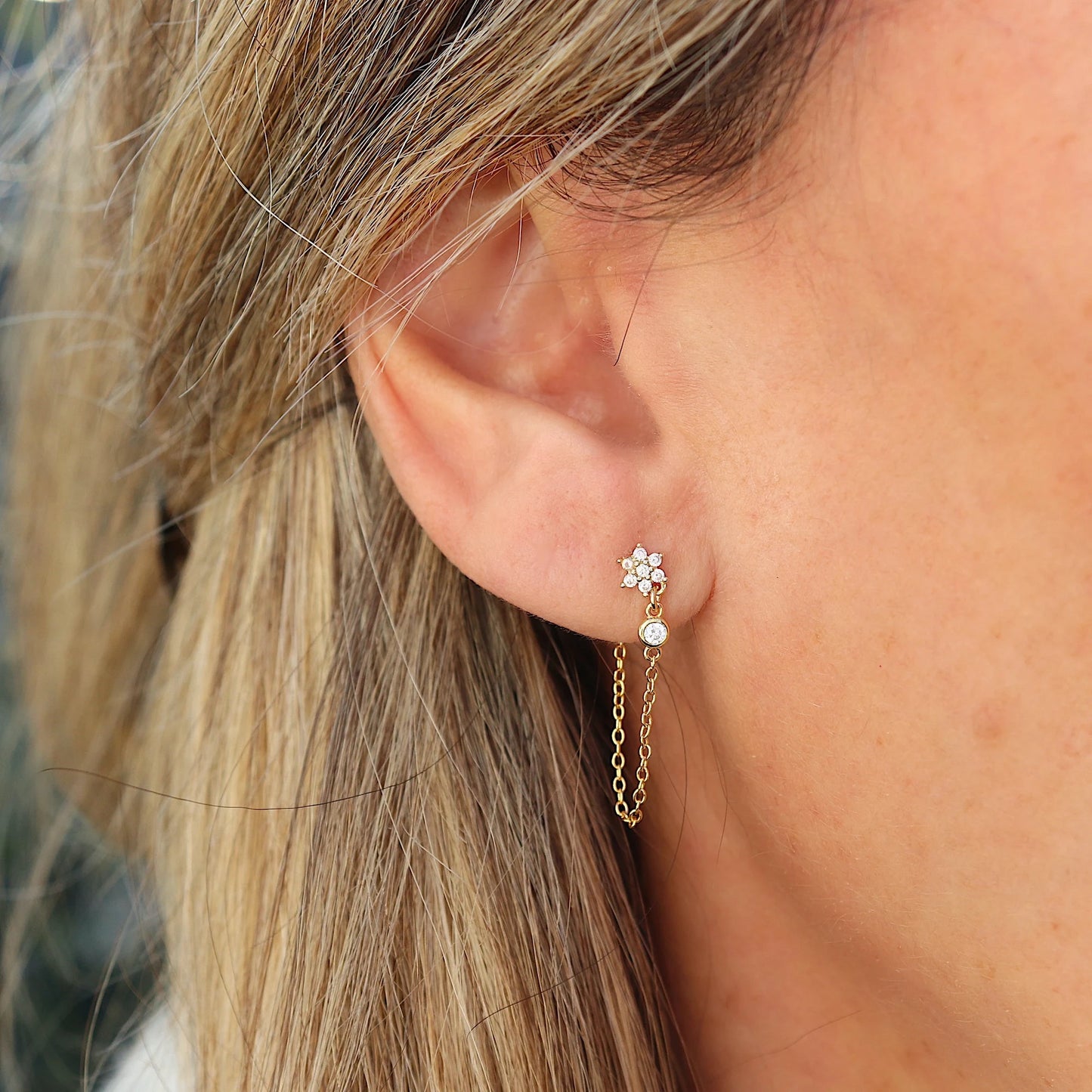 Boucles d'oreilles pendantes fleur zircons et chaine pour femme