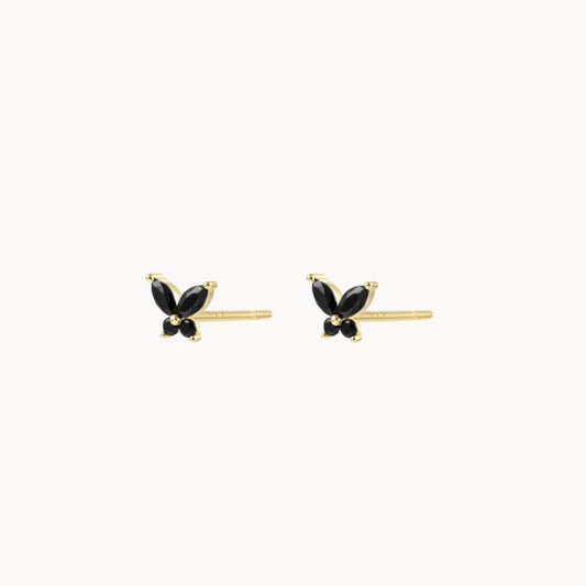 Boucles d'oreilles clous papillon zircons noirs doré