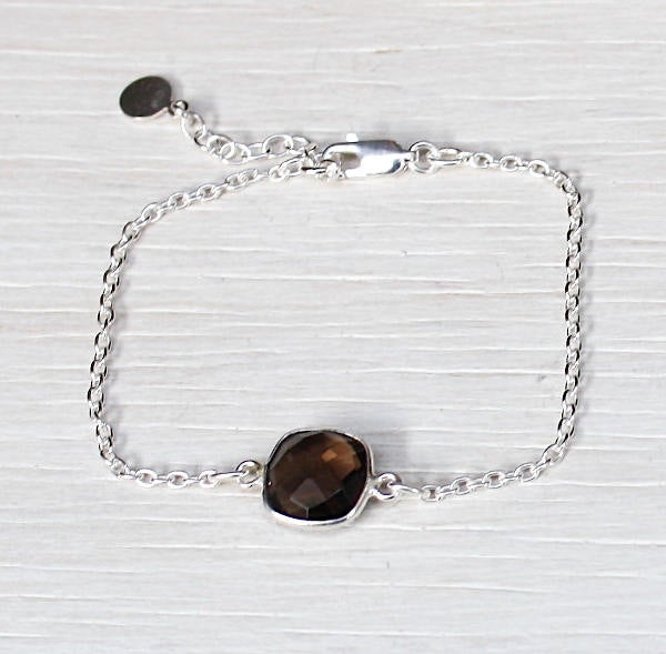 Bracelet pierre de gemmes quartz fumé sur chaine argent 925