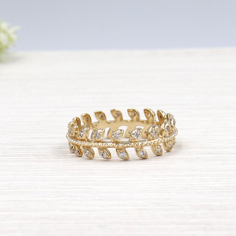 Bague plaqué or feuille de laurier et zircons pour femme
