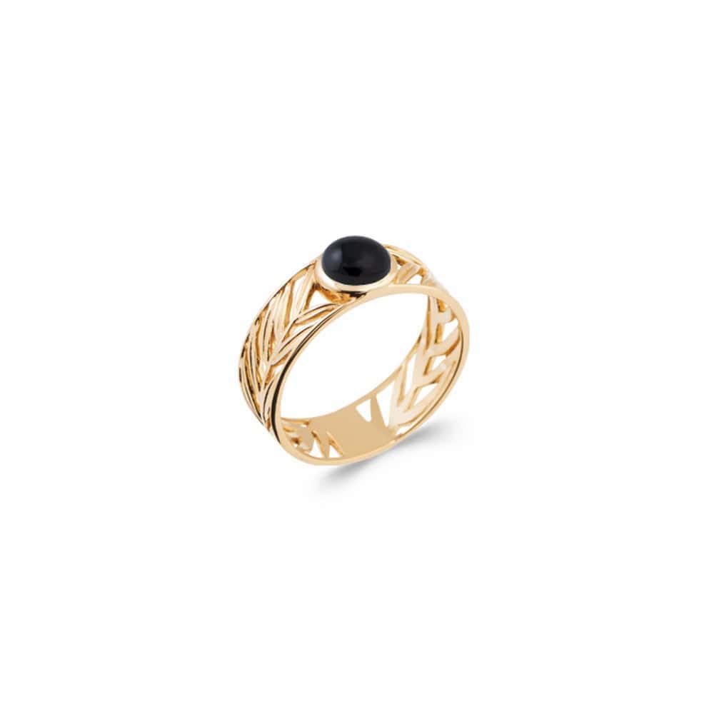 Bague plaqué or feuille associée à une pierre agate noire - unbijouforyou