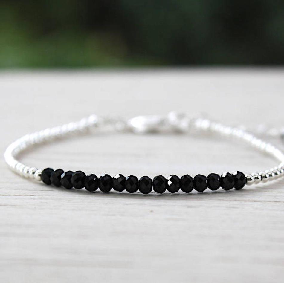 Bracelet perles argent 925 et pierres de gemmes spinelles noires