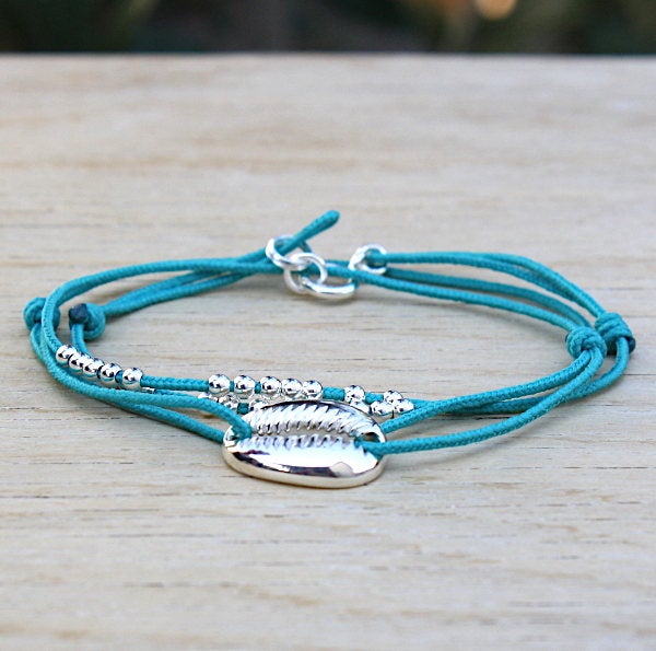 Bracelet cordon coquillage et perles triple tours en argent 925 - unbijouforyou