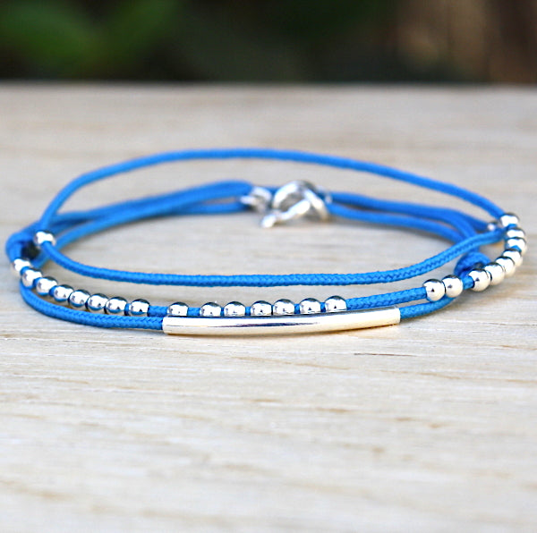 Bracelet cordon triple tours perles et jonc en argent 925 - unbijouforyou