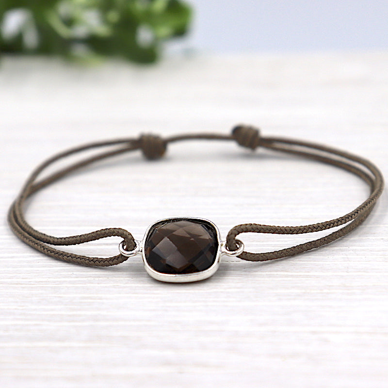bracelet cordon pierre de gemmes quartz fumé sertie