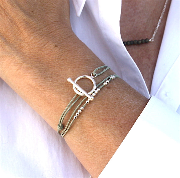 Bracelet cordon triple tours perles et connecteur T argent 925 - unbijouforyou