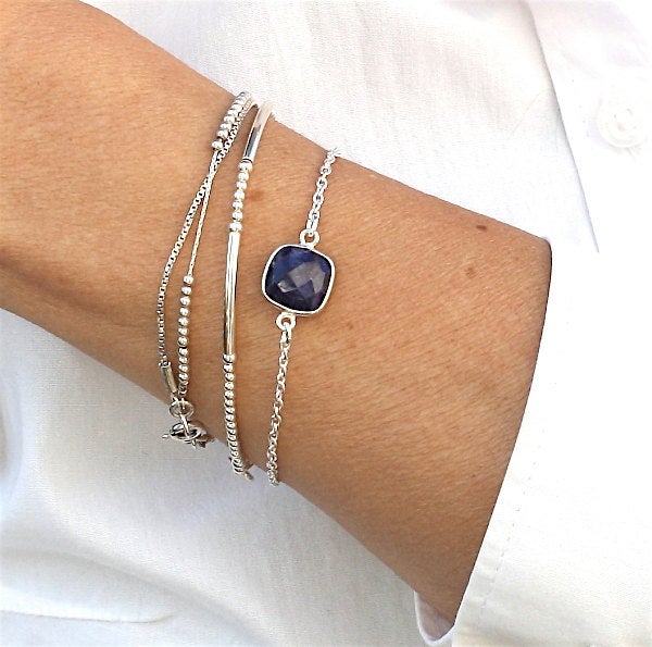 Bracelet pierre de gemmes lapis lazuli sertie sur chaine argent 925 - unbijouforyou