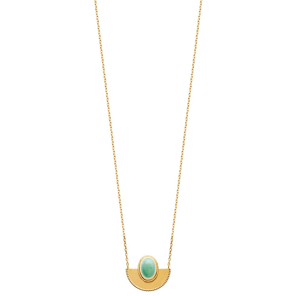 collier aventurine ovale sertie sur pendentif demi lune en plaqué or chaine fine