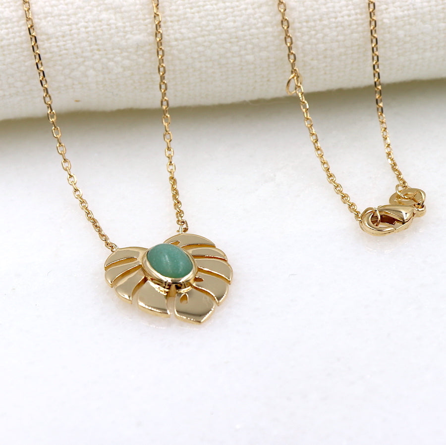 collier plaqué or femme feuille de palmier et pierre aventurine ovale - unbijouforyou
