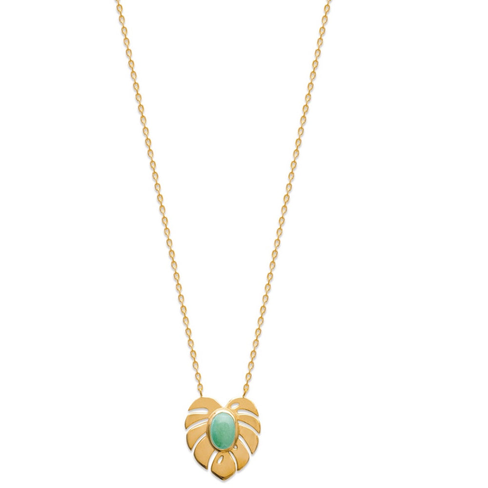 collier plaqué or femme feuille de palmier et pierre aventurine ovale - unbijouforyou