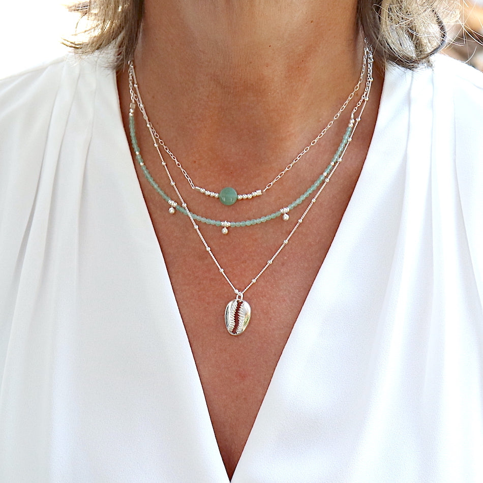 collier pierre aventurine sur chaine argent massif,ras de cou femme